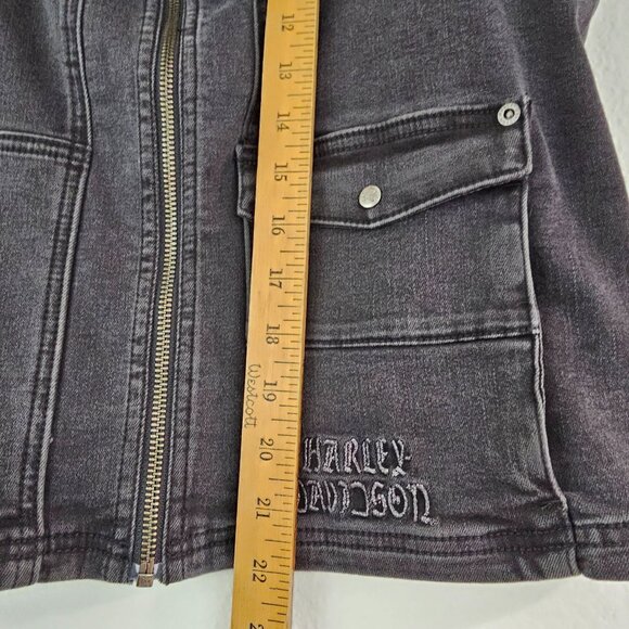 Harley Davidson Womens Sz M Winged Rhinestones Logo Zip-Front Denim Vest Black - Picture 11 of 14
